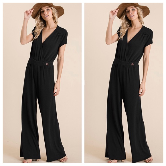 Black solid knit wide leg jumpsuit - Picture 3 of 4